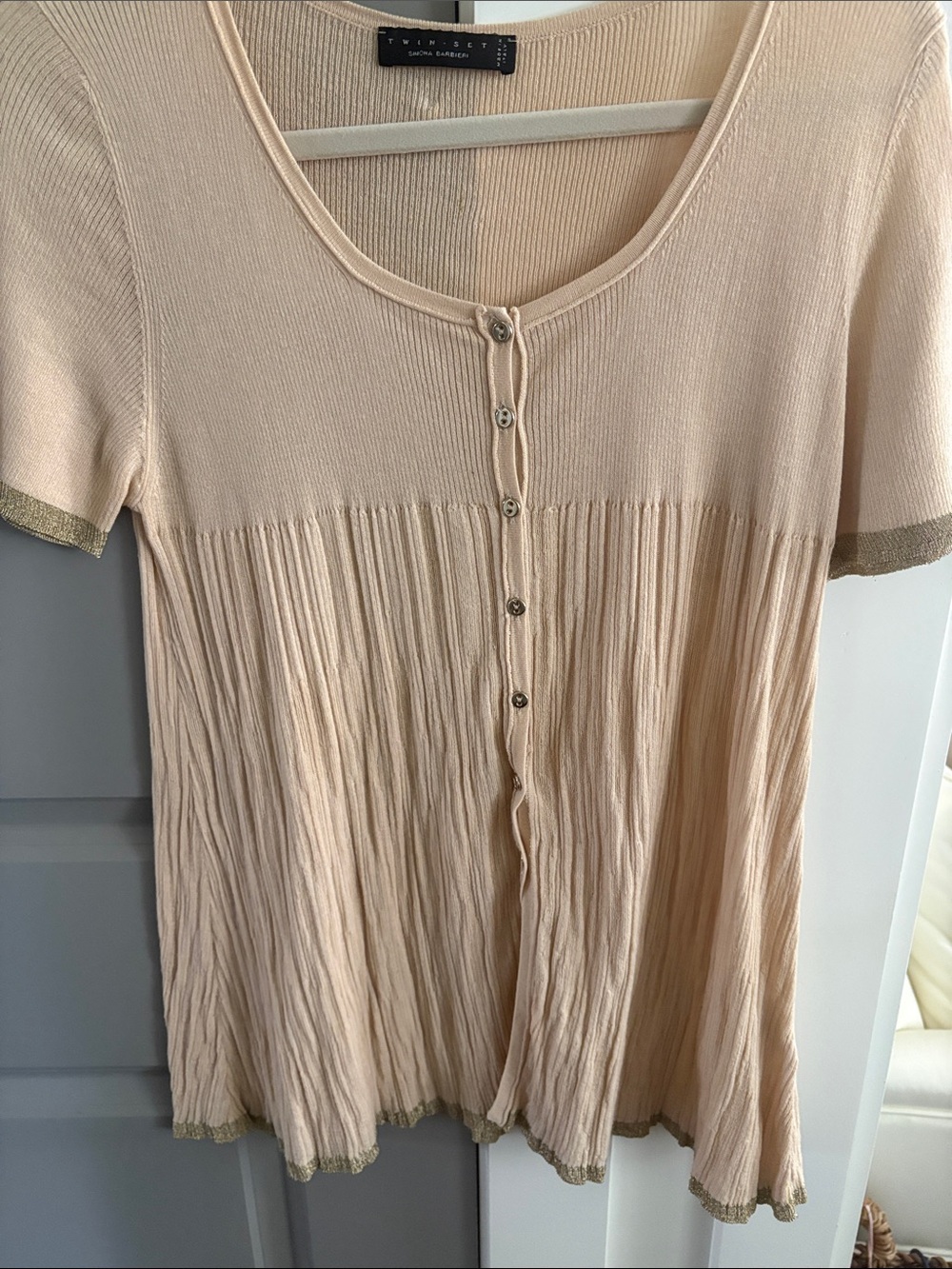 Twin Set Light Peach Ribbed & Pleated Button-Front Short Sleeve T